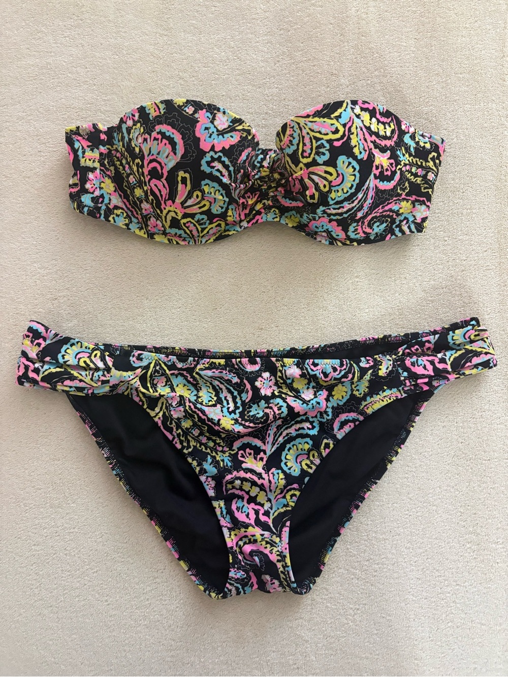 Victoria's Secret Black Paisley Bandeau Bikini with Pink, Blue & Yellow Accents